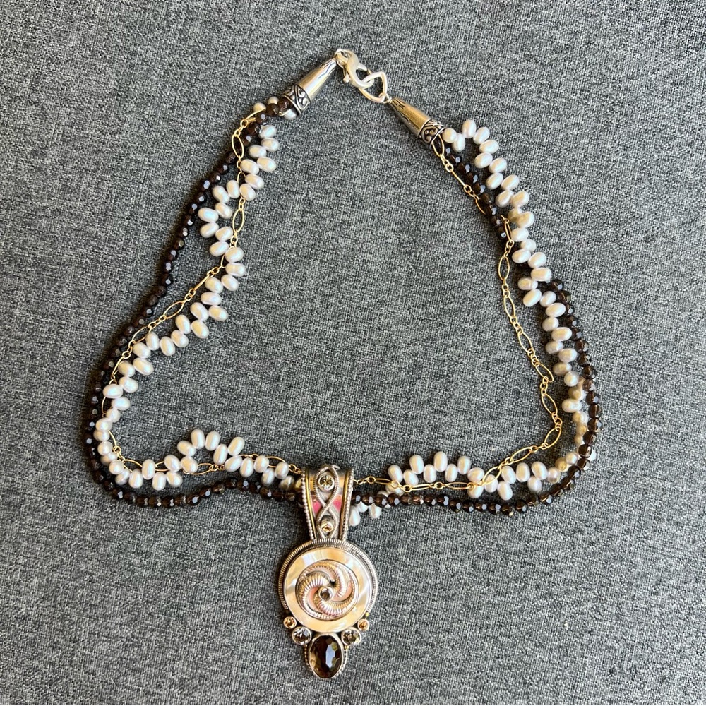 Mars And Valentine  Pearl and Bead Necklace with Spiral Abalone Gemstone Pendant